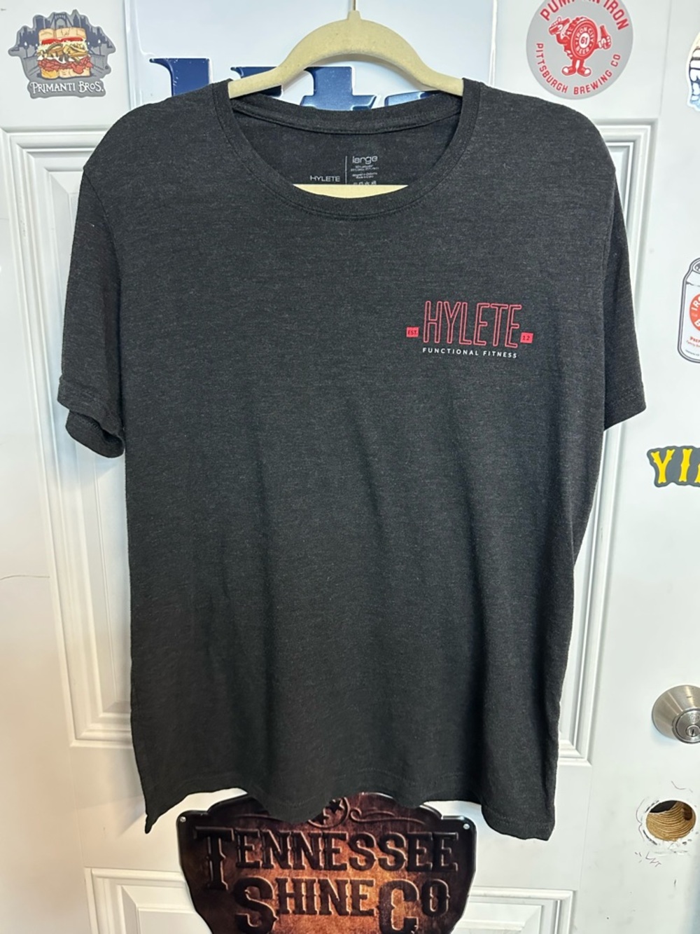 Hylete Men's Short Sleeve Tee in Charcoal with Pink Logo